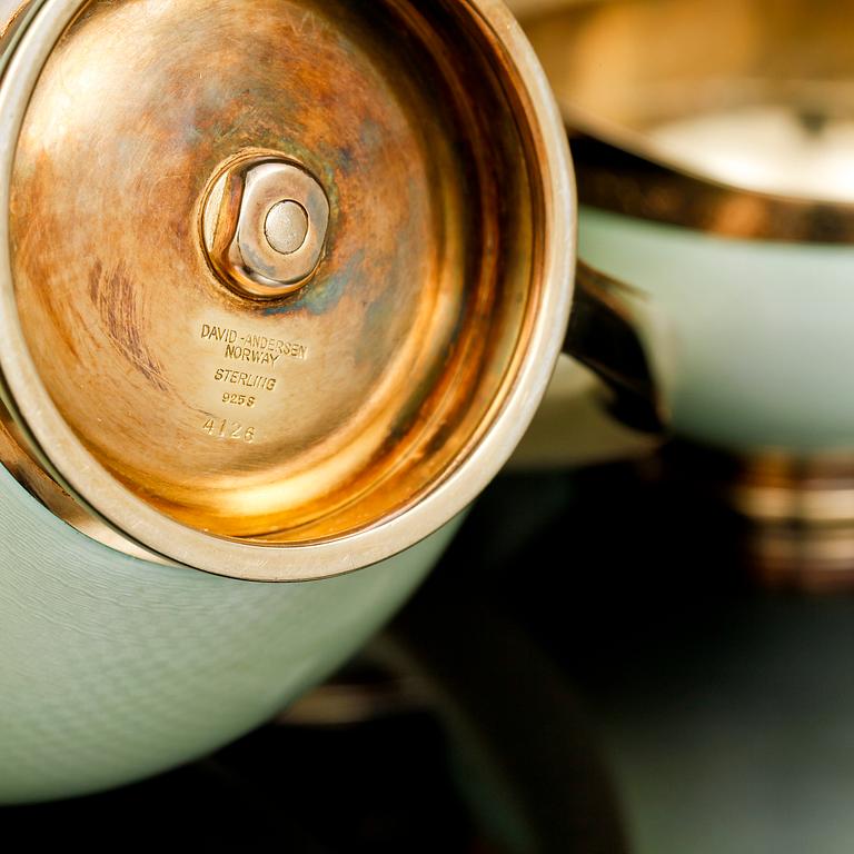 A David-Andersen three pcs of silver gilt and enamel coffee service,