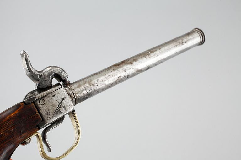 A 19th century caplock/percussion lock pistol.