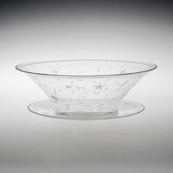 SKÅL med FAT, glas, Edward Hald, Orrefors 1929. "Stjärnhimmelsmönstret".