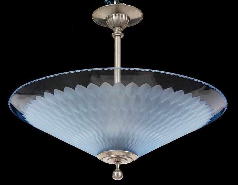 An Edward Hald glass and white metal hanging lamp, Orrefors 1920's-30's.