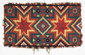 A carrige cushion,  'Genombruten stjärna', flat weave, c 99 x 56 cm, Vemmehög or Torna district, Scania, 1760-1800.