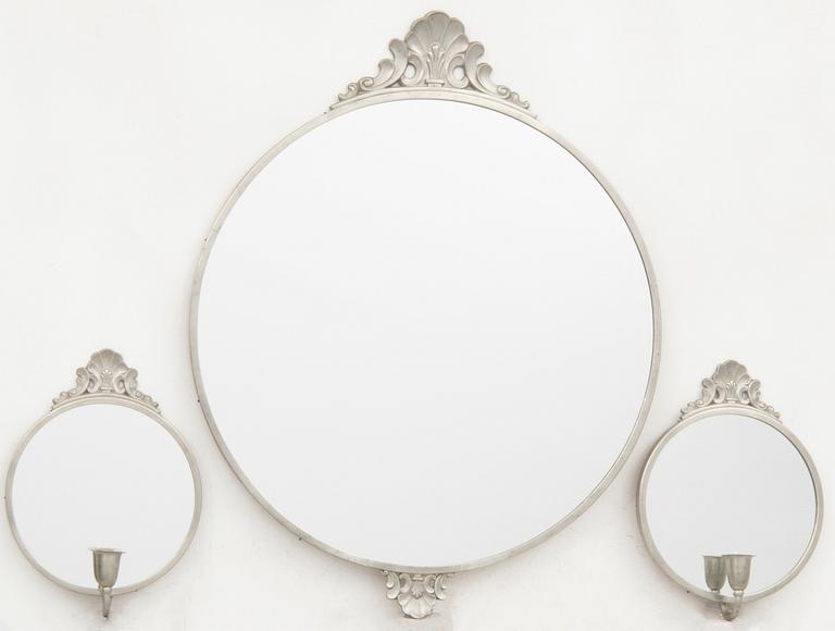 Spegel med vägglampetter ett par Swedish Grace 1930/40-tal tenn.