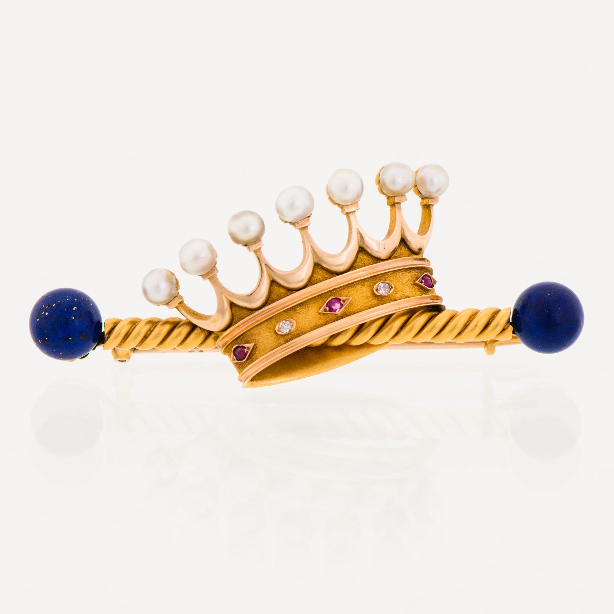 A BROOCH, lapis lazuli, pearls, diamonds, rubies, 14K (56) gold. Russia, 1899-1908.