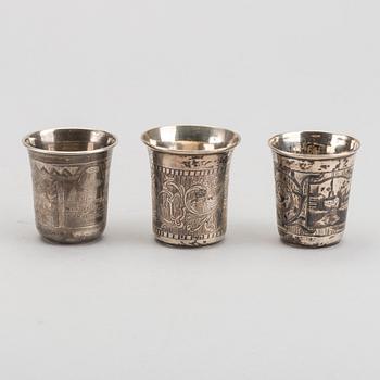 A set of nine different Russian silver vodka beakers 19th century, weight ca 327 gr.