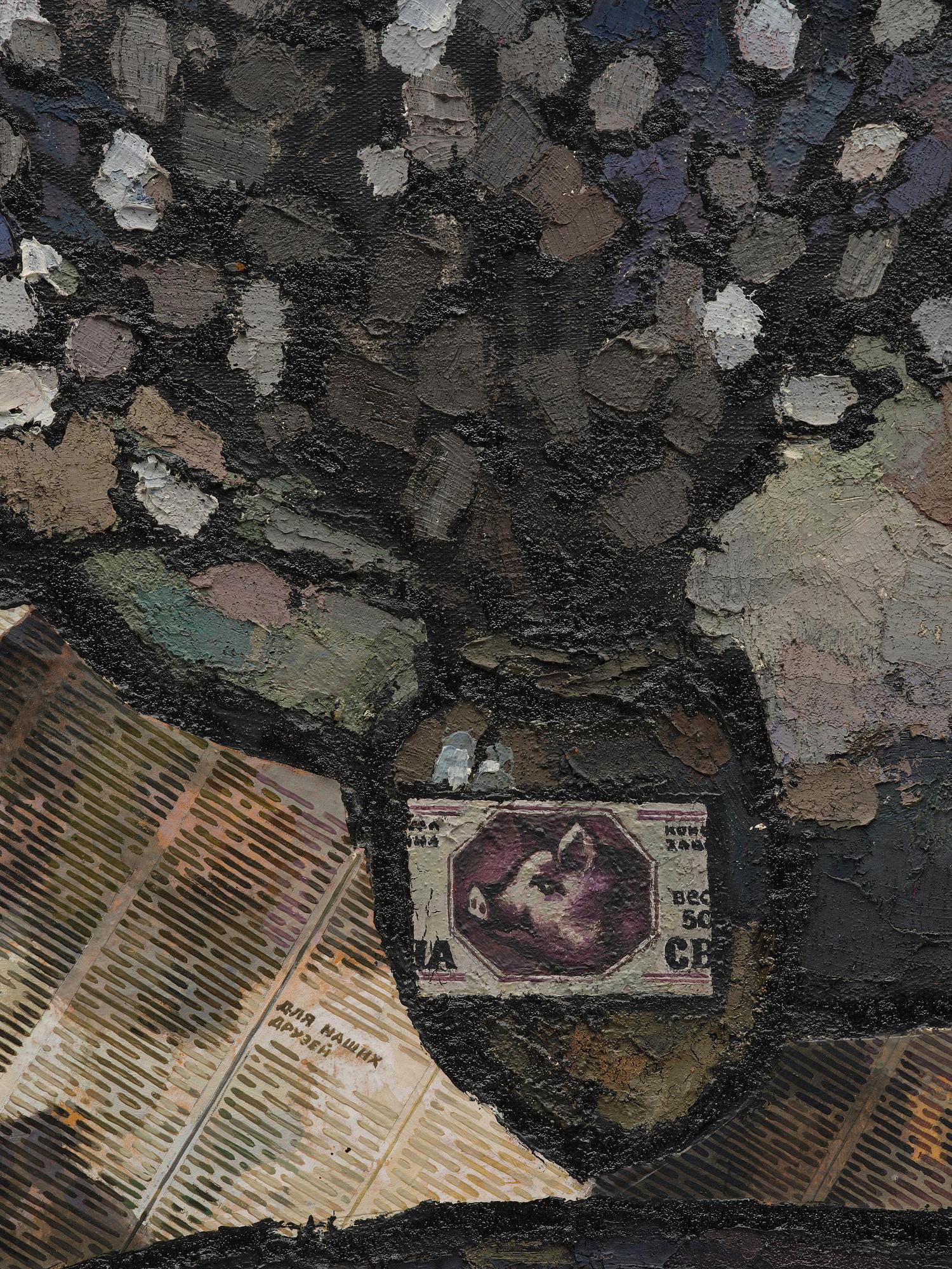 Oskar Rabin, Still life with fish, vodka bottle, banknote and newspaper.