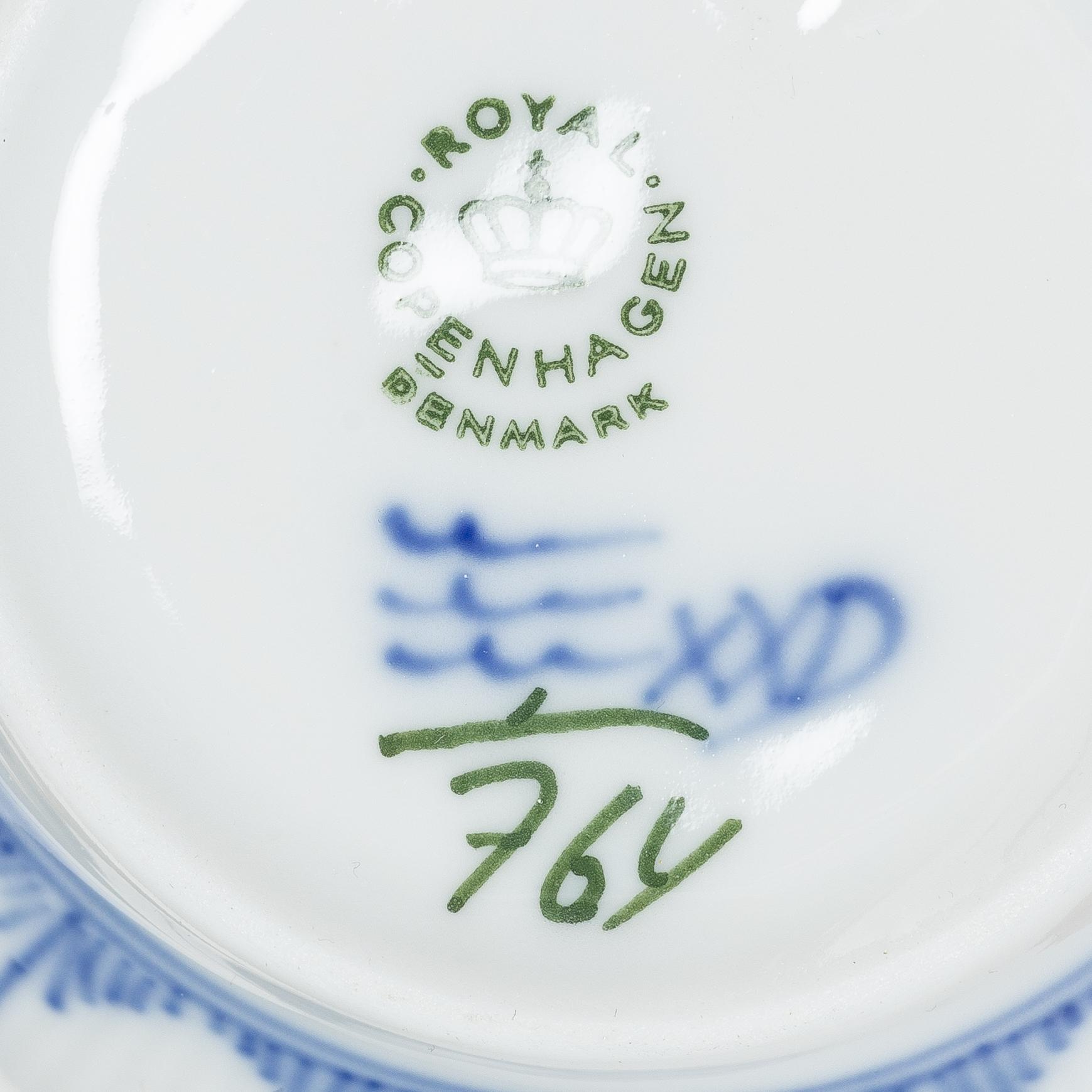 Royal Copenhagen, twelve consommé cups with saucers, 'Blue Fluted Half Lace', Denmark.