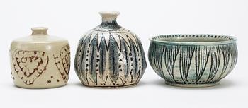 An Anders Bruno Liljefors set of two stoneware vases and a bowl, Gustavsberg studio 1952.