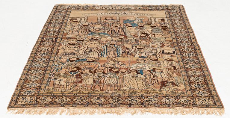 A Persian Kerman Laver 'Mashahir' (The rulers of the world) rug, c. 230 x 143 cm.