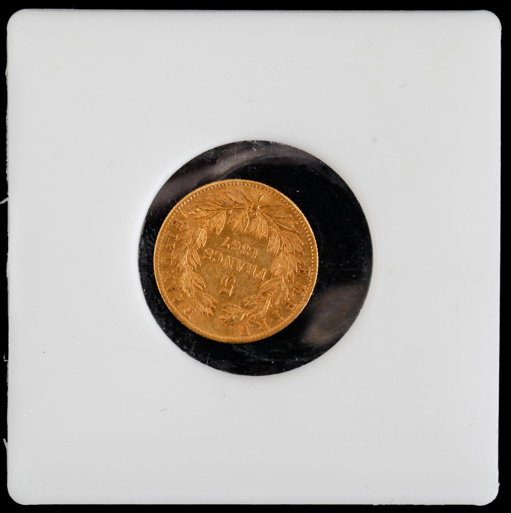 GULDMYNT, fem francs, Napoleon III, 1867. Vikt ca 1 gram.