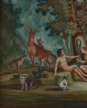 Glass painting, England, 18th century. "The Garden of Eden".