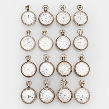 Kokoelma taskukelloja, 16 kpl, hopeaa.