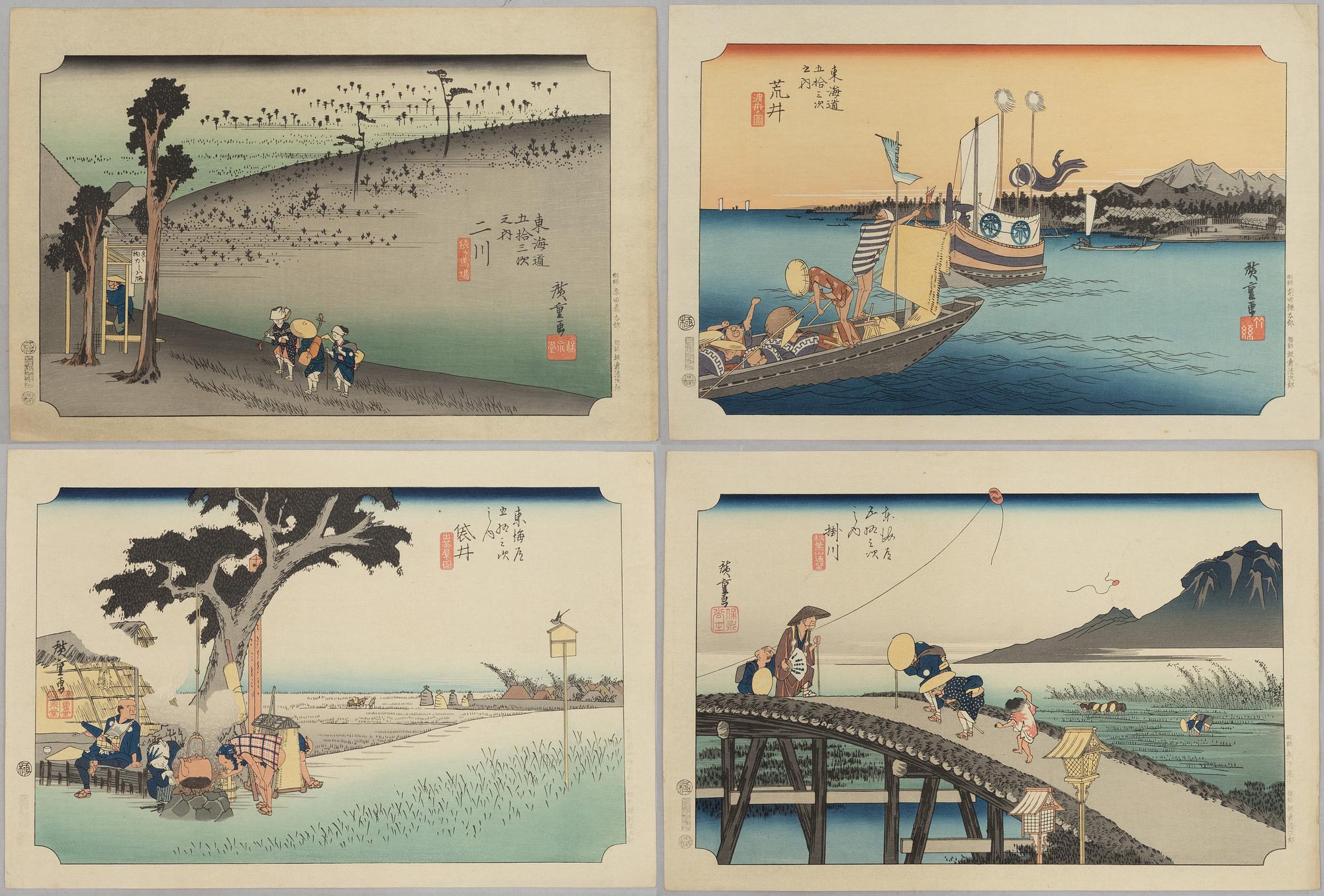 Ando Utagawa Hiroshige, after, four prints from "The Fifty-Three Stations of the Tōkaidō", 20th century.