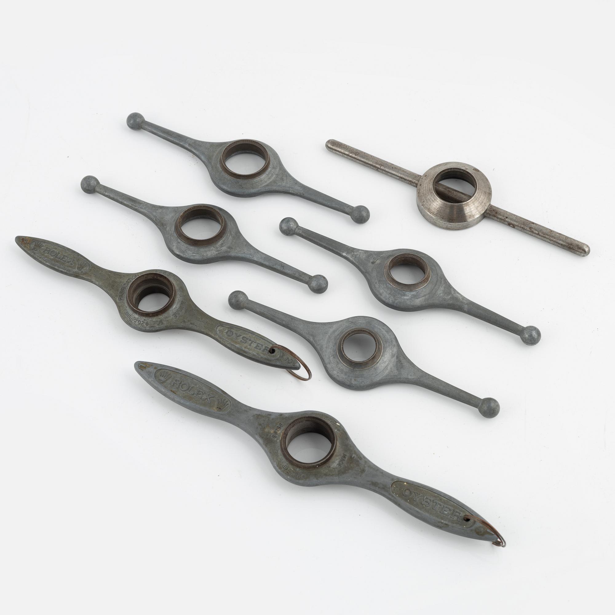 Parti Rolex boettöppnare, "Propeller öppnare", 7 st, ca 1960, "Åke Falk Urhandel".