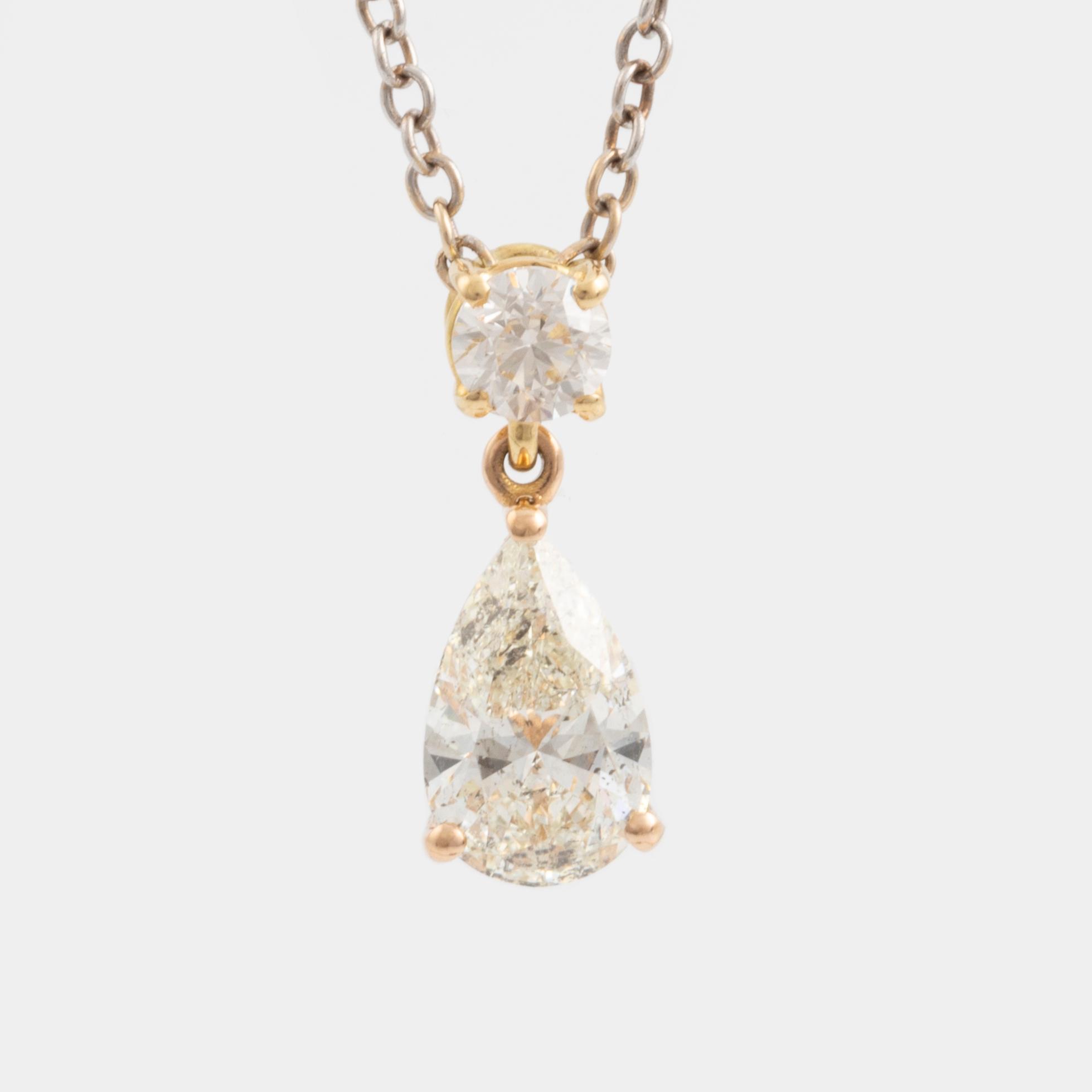 Necklace with pear-shaped diamond and brilliant-cut diamonds.