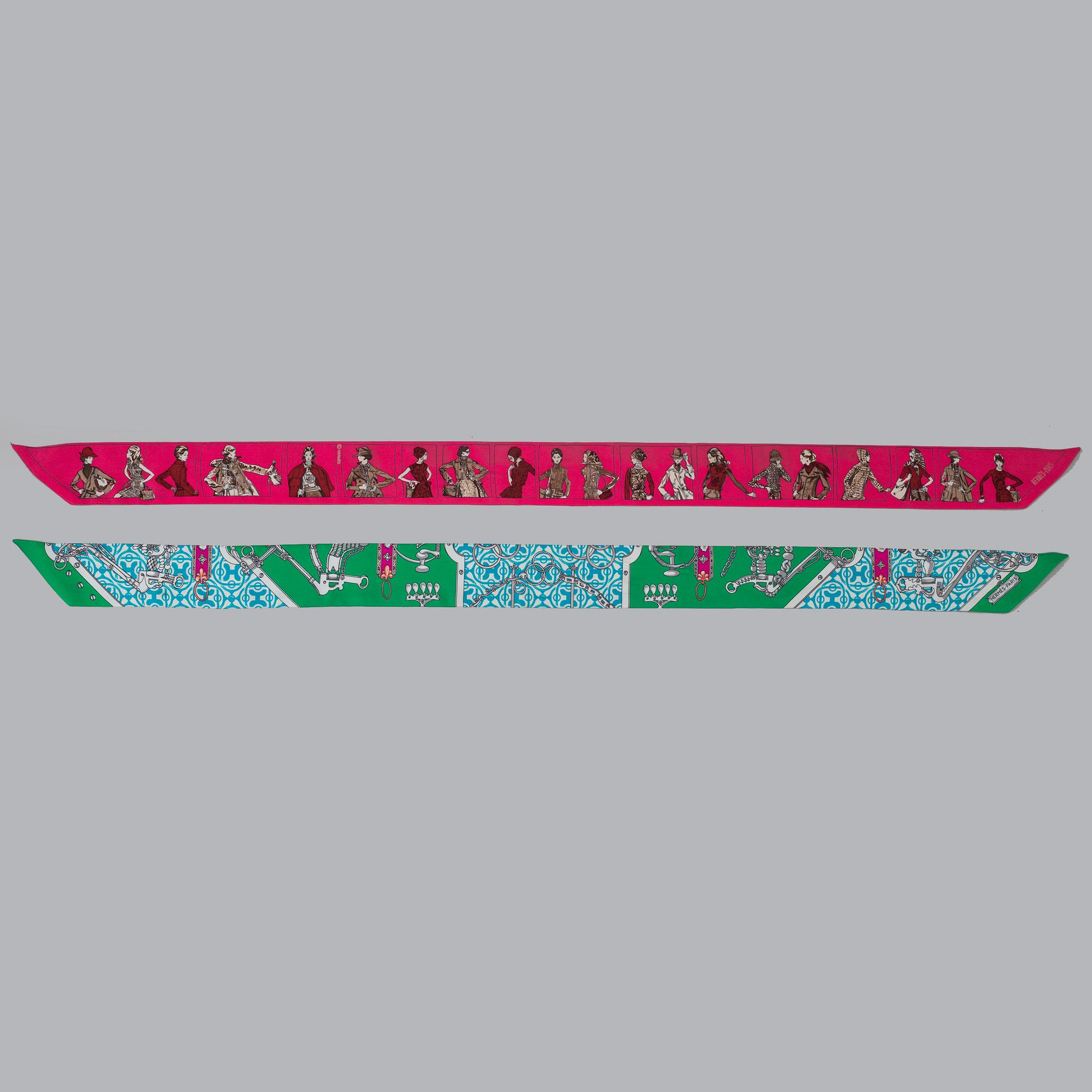HERMÈS, "Twilly", scarf, 2 pieces.
