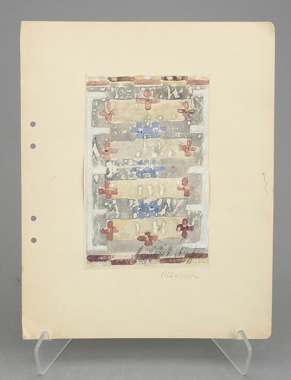 CARPET SKETCHES, 4 sheets. Watercolour and graphite. Three by Agda Österberg and one by Astrid Nyström.