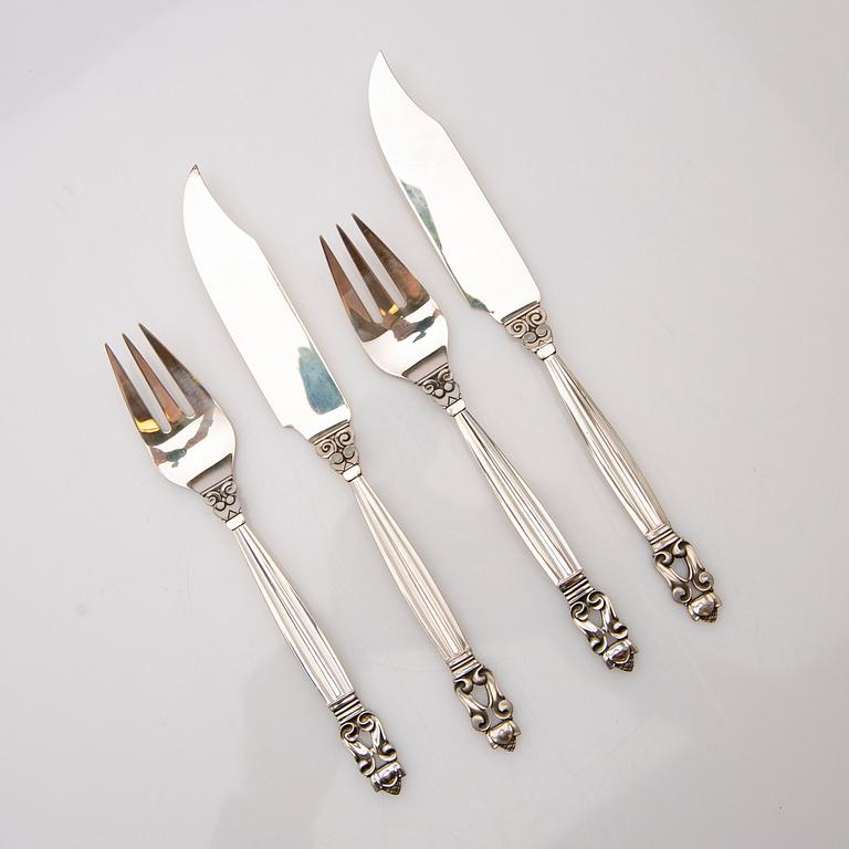 Johan Rohde, fish cutlery, 16 pieces, silver, "Konge / Acorn", Georg Jensen, Denmark.