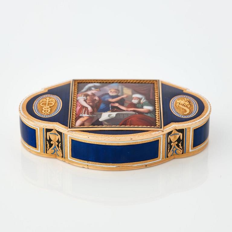 An early 19th century gold and enamel box, unidentified makers mark &SD, possibly Genève.