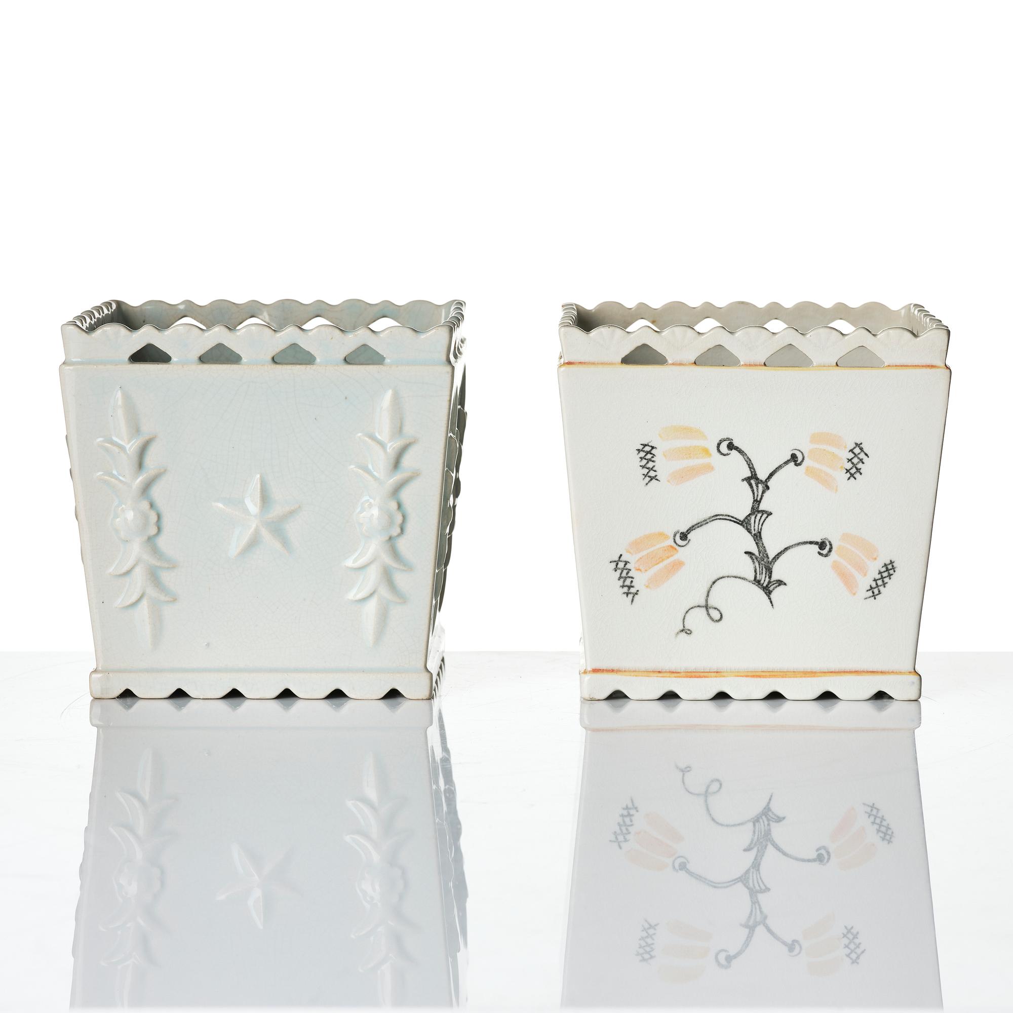 Wilhelm Kåge, two creamware flower pots, Gustavsberg 1920s.