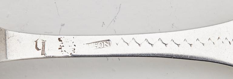 A set of six Swedish 18th century silver dinner-forks, mark of Kilian Kelson, Stockholm 1752-1754.