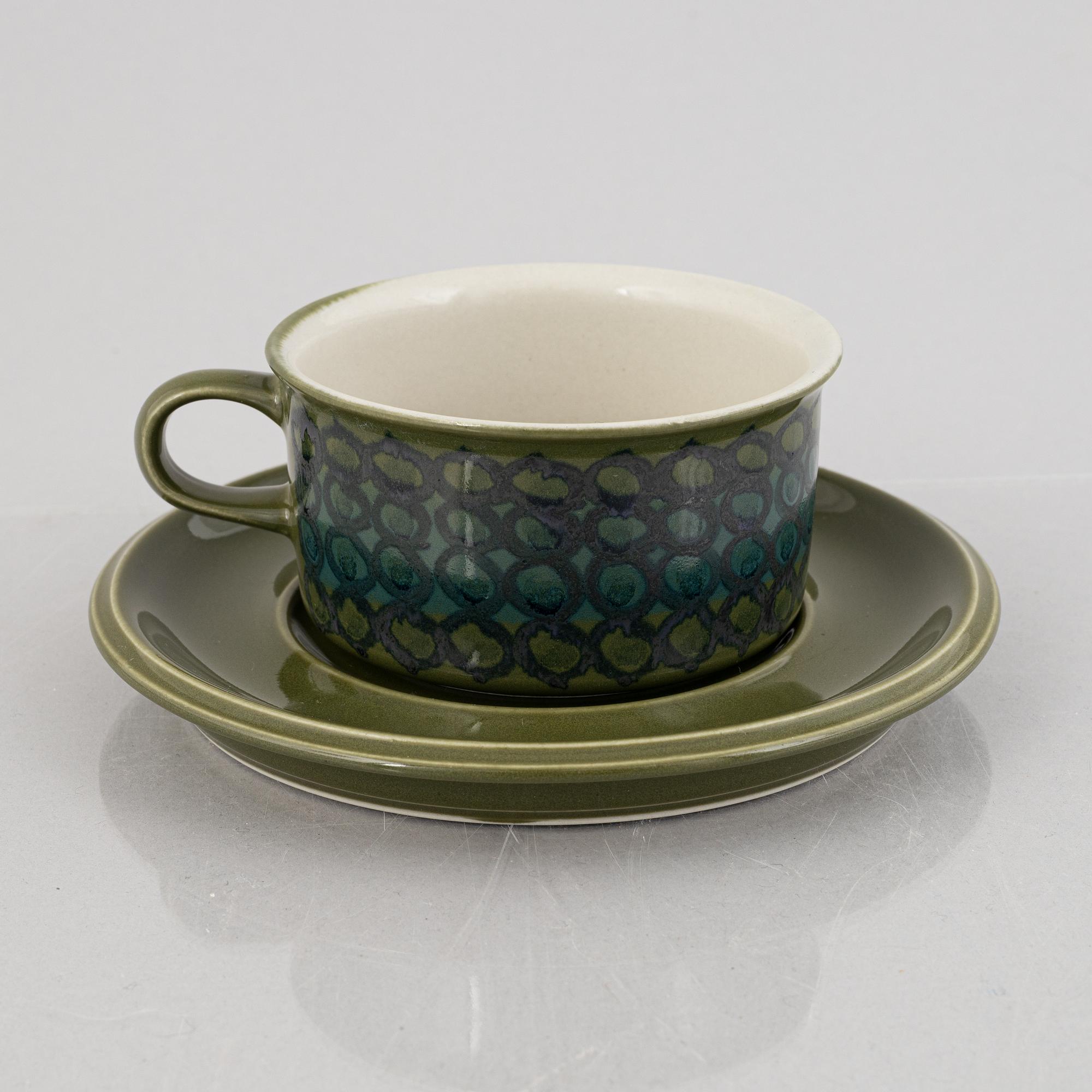 Hilkka-Liisa Ahola, tea pots with saucers, 9 pcs, stoneware, Arabia, 1960s.