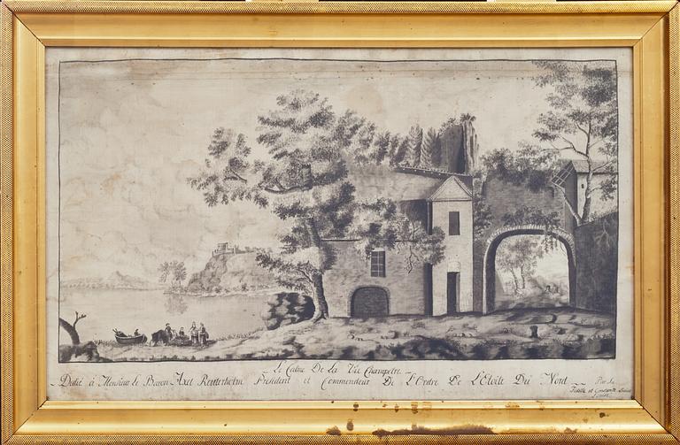 SIDENMÅLNING, tuschlavering på siden, signerad Lovisa Charlotta Reuterholm, andra hälft.