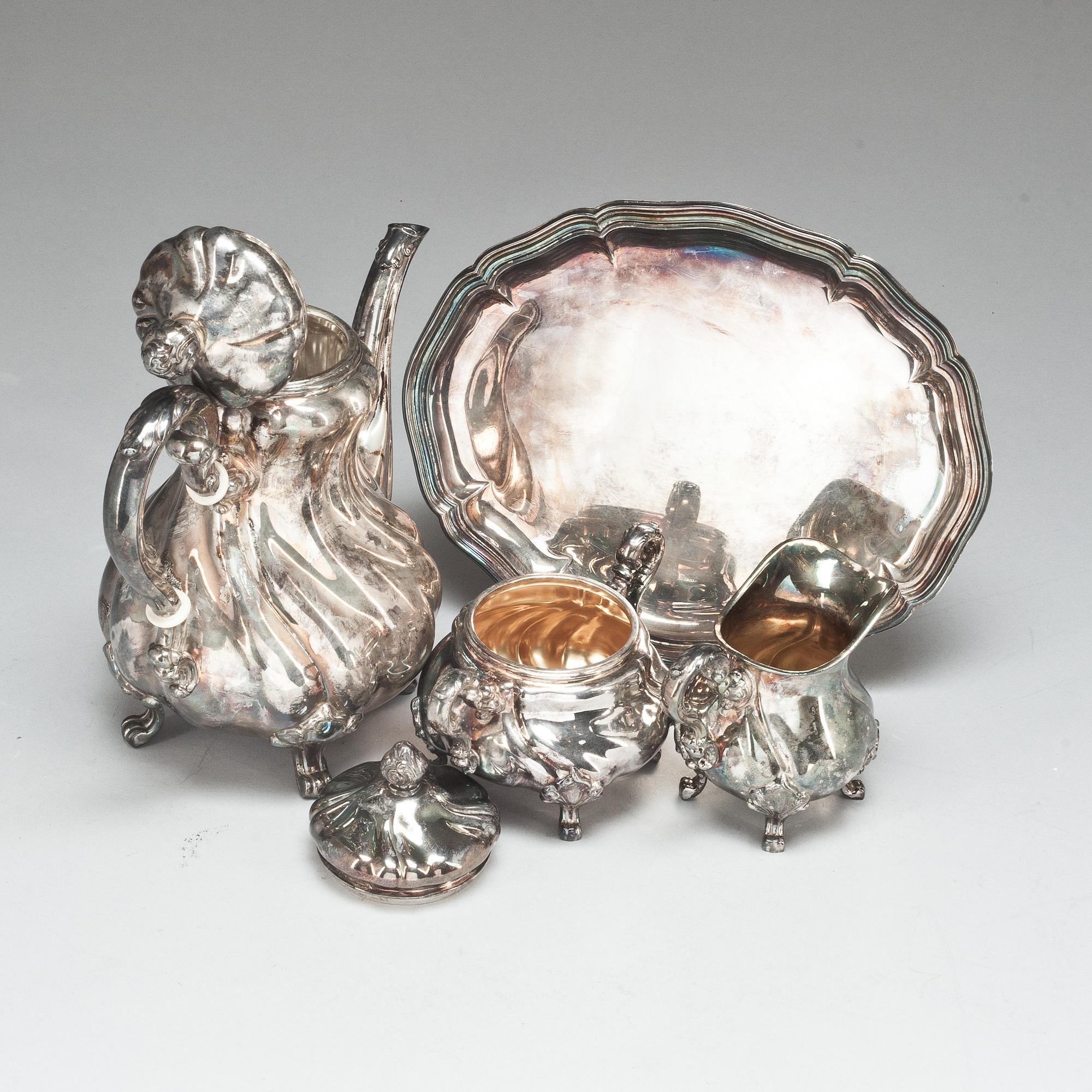 KAFFESERVIS, 4 delar, silver, svenska importstämplar,  bla 1941, vikt ca 964 gram.