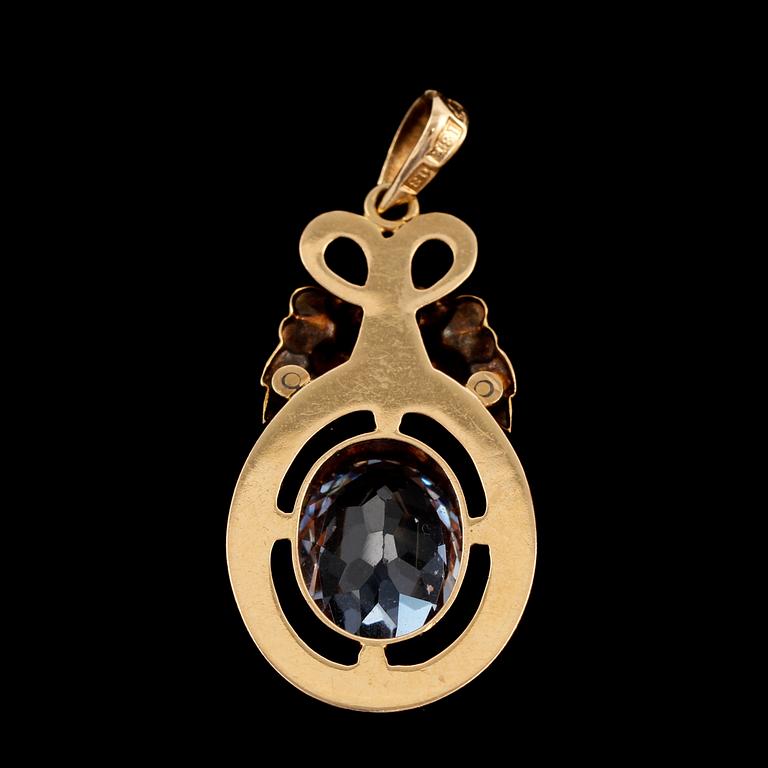 GARNITYR, 3 delar, 18k guld samt syntetiska spineller Gustav Dahlgren & Co Malmö, 1940-tal. Total vikt 11 g.