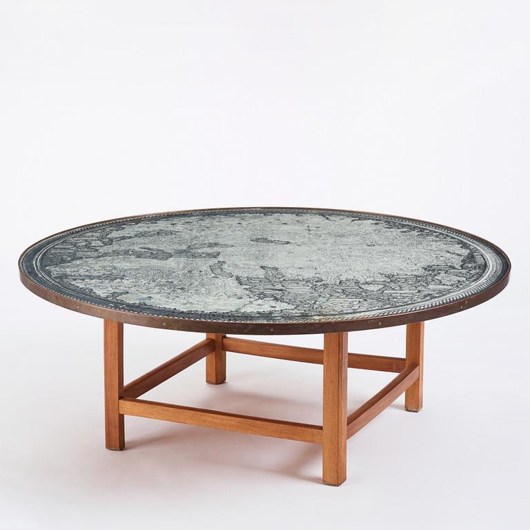 Josef Frank, a mahogany base table, map on the top, Svenskt Tenn, Sweden, model U601 (the top) & U491, 1960s-1970s.