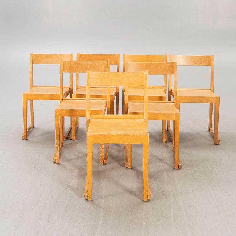 A st of seven Sven Markelius Orkesterstolen birch chairs mid 1900s.