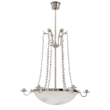 5. An Elis Bergh silver plated Swedish Grace chandelier, C.G Hallberg, Stockholm 1920-30's.
