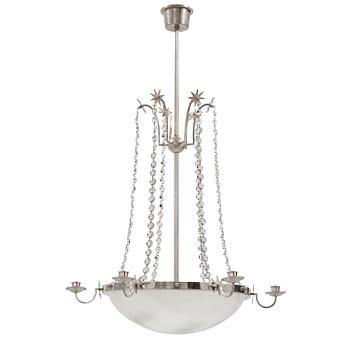 An Elis Bergh silver plated Swedish Grace chandelier, C.G Hallberg, Stockholm 1920-30's.