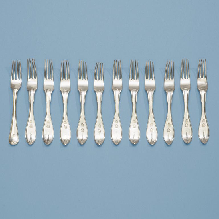 A set of 12 Swedish early 19th century silver forks, makers mark of Johan Lindgren, Gävle 1806.