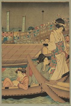 Kitagawa Utamaro, "True pictures of the opening of the season at Ryogoku bridge in Edo during the Bunka period".