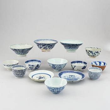 A group of 13 (11+2) blue and white bowls and dishes, Ming, Qing and, Japan, also  20th century.