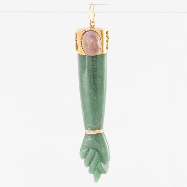 Pendant, "Figa", 18K gold with aventurine quartz, cabochon-cut tiger's eye, amethyst, and turquoise.