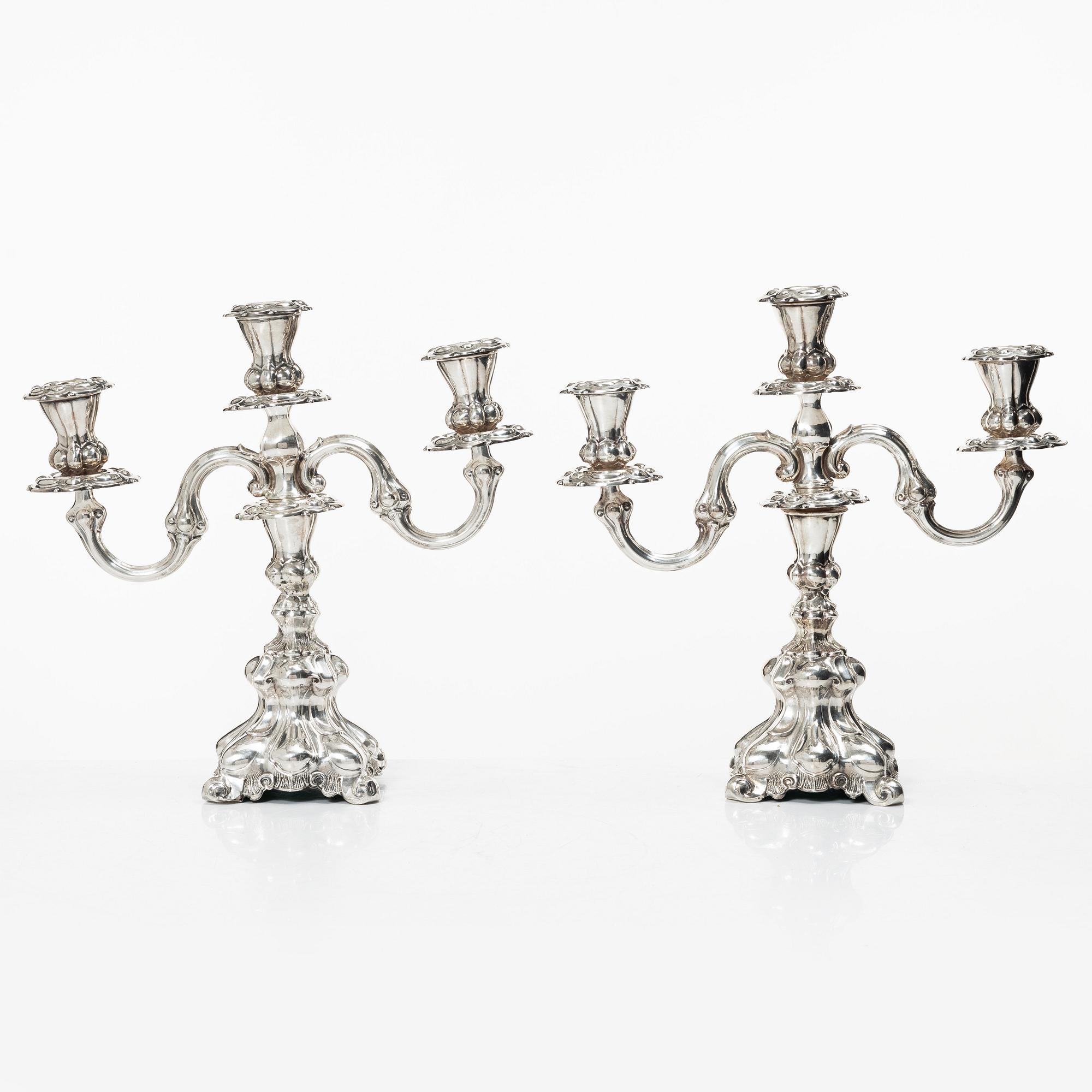 A pair of silver candelabra, Baroque style, Swedish import mark, 20th century.