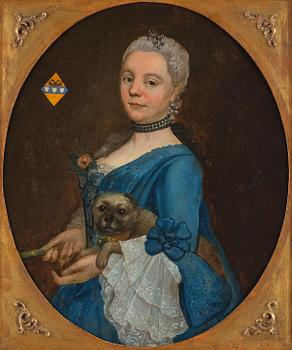 Unknown artist, 19th century, Noblewoman with a Dog, coat of arms featuring three hearts and a double-headed eagle.