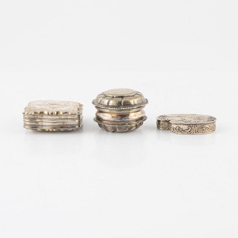 Three silver boxes, Sweden, Holland and Hanau, late 18th century-late 19th century.