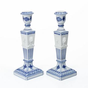 Royal Copenhagen, Candlesticks, a pair, porcelain, "Musselmalet", Denmark, 1935–1936 & 1980–1984.