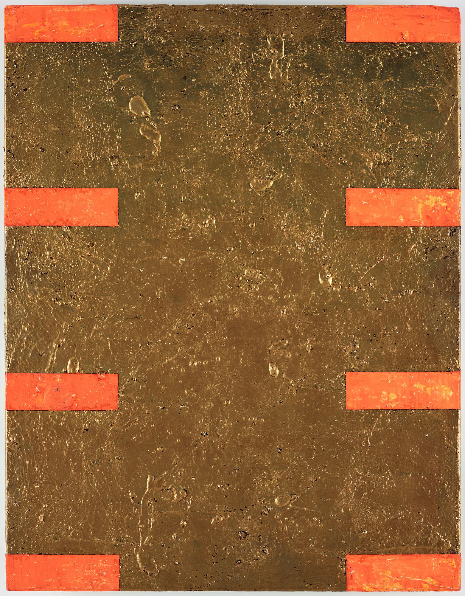 Gordon Hart, signed and dated 1984 on verso. Diptych. Gesso, silver leaf and metal leaf on panel.