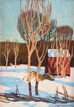 407. Helmer Osslund, Winter landscape with roundpole fence and red cabin.