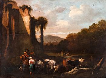 154. Pieter Bout, LANDSCAPE WITH CATTLE AND PEOPLE.