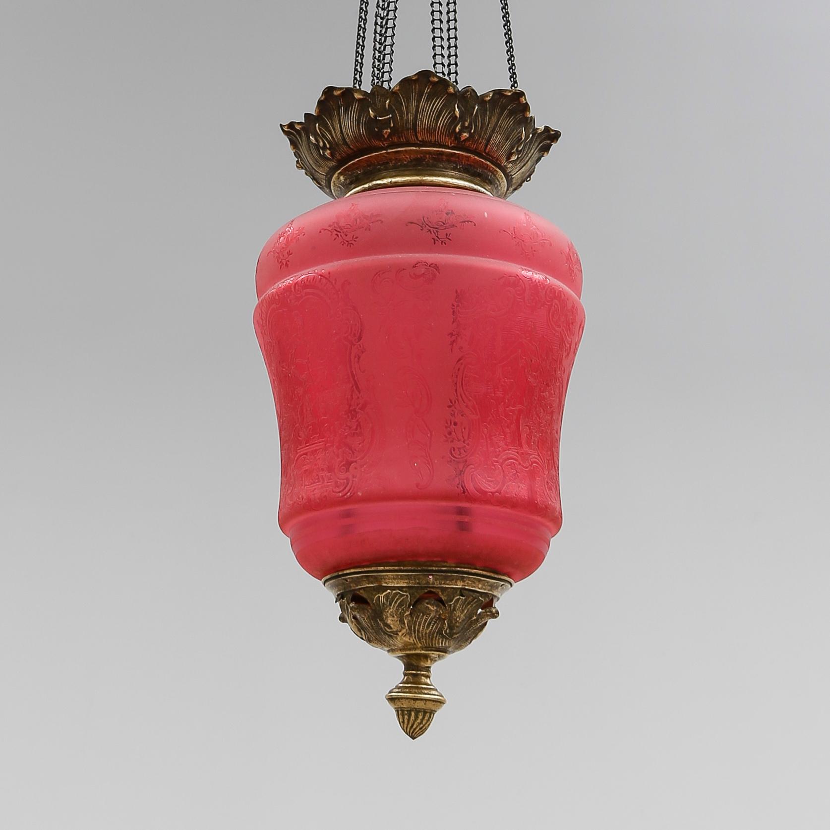 MÅNSKENSAMPEL, rosa glas, omkring år 1900. Höjd ca 40 cm.