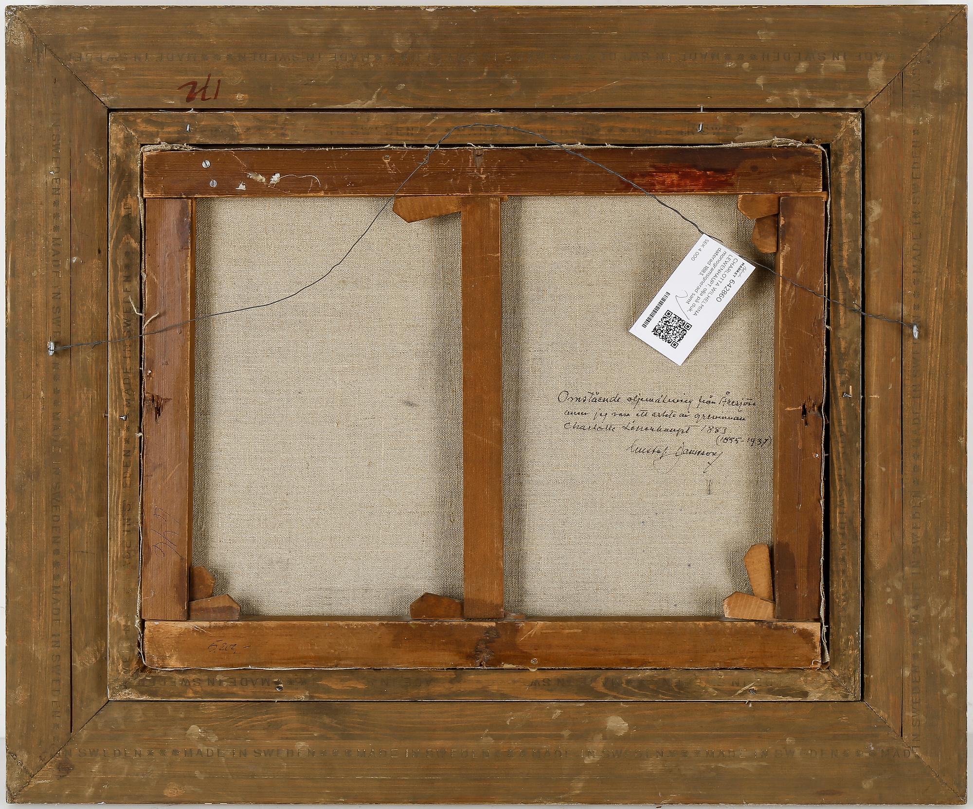 CHARLOTTA WILHELMINA LEWENHAUPT, olja på duk, monogramsignerad samt daterad 1883.