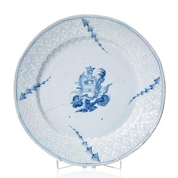 299. A large Swedish armorial serving dish with the arms of Gyllenram, dated Stockholm 18/8 1752.