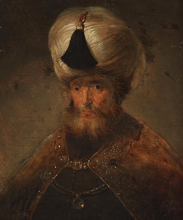 Rembrandt Harmensz van Rijn Hans skola, Mansporträtt, turban och kappa.