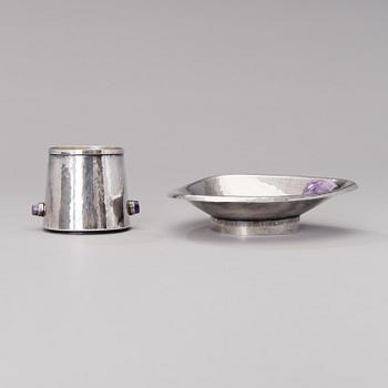 a silver bowl and a beaker with amethyst decor, mark of Reijo Sirkeoja, Hopeataidetakomo, Tampere Finland 1964-65.