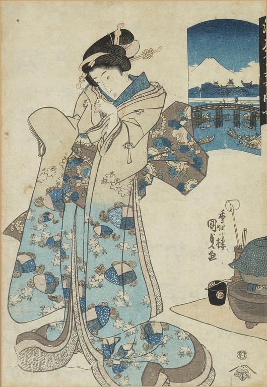 Utagawa Kunisada, träsnitt, två stycken, Edo (1603-1868), 1800-tal.