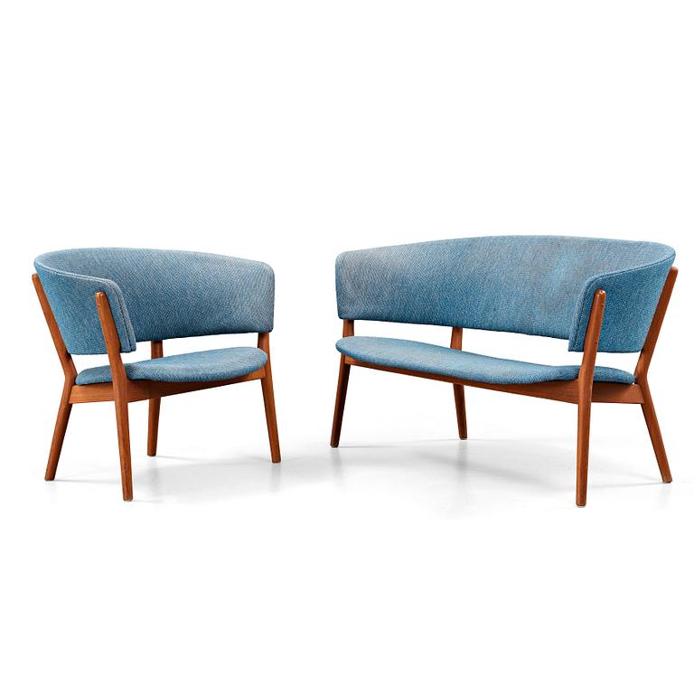 Nanna & Jørgen Ditzel, an upholstered teak settee and lounge chair, Søren Willadsen, Denmark 1950's.